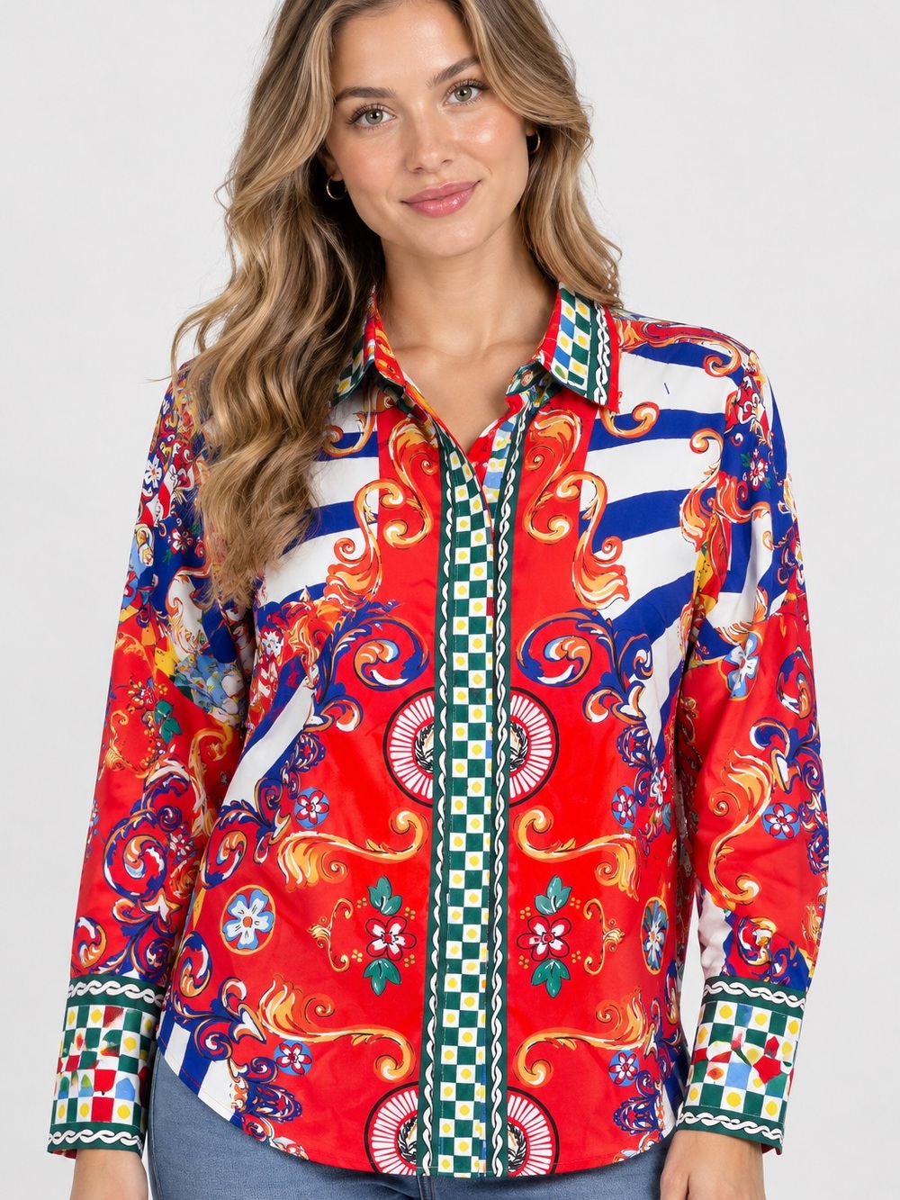 Banjul Red Multi-Print Button-Up Shirt with Blue and Green Accents
